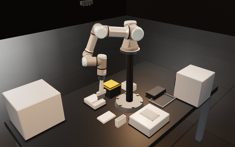 Simulator render: a collaborative arm with an eight-channel pipette head over a tabletop bench with plates, tip boxes and an incubator.