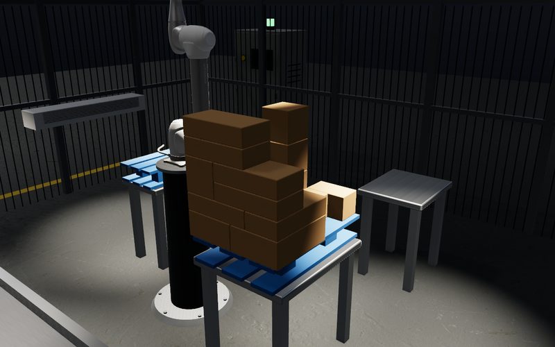 Simulator render: a 6-axis arm beside a pallet stacked six layers high with mixed cartons.