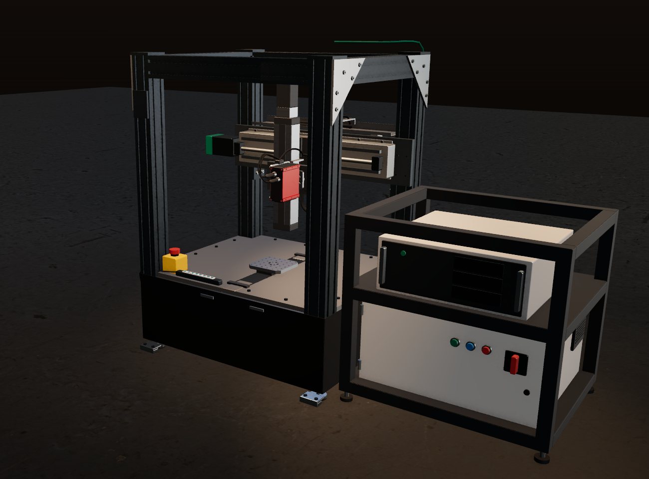 Render of the tabletop XZT gantry: an aluminium-profile frame on a table with a red 3D profile sensor on a tilt head over a part seat, an emergency stop and keypad on the front edge, and a two-tier rack beside it holding an industrial PC and the electrical cabinet.